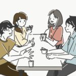 テーブルを囲んで会話する男女のイラスト